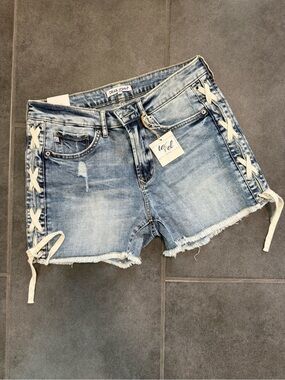 Dear John Washed Blue Denim Shorts with Cream Lace-Up Sides